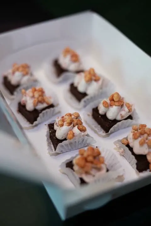 Mini chocolate lava cakes with a dollop of whipped cream and toasted marshmallows on a white tray.