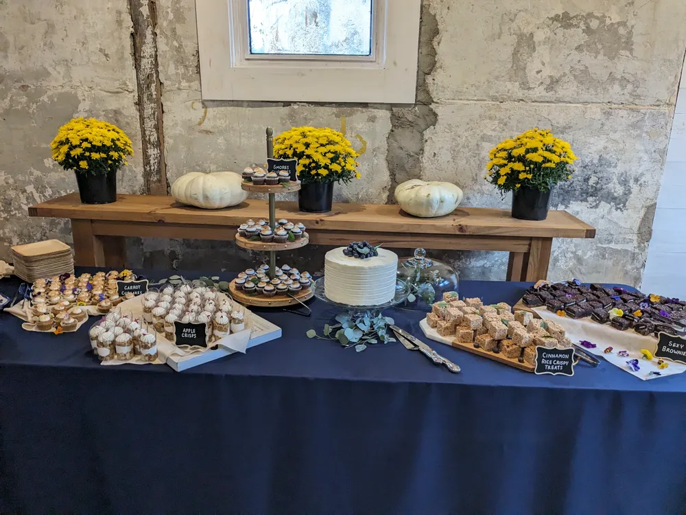 Dessert table with tiered displays of colorful cupcakes, cookies, and brownies, decorated with pumpkins and fall foliage.