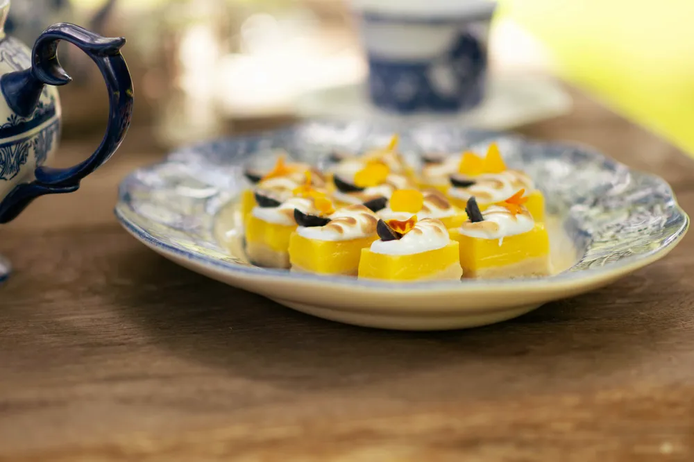 Colorful Japanese mochi cakes arranged on a white plate, garnished with dark chocolate shavings. A traditional dessert.